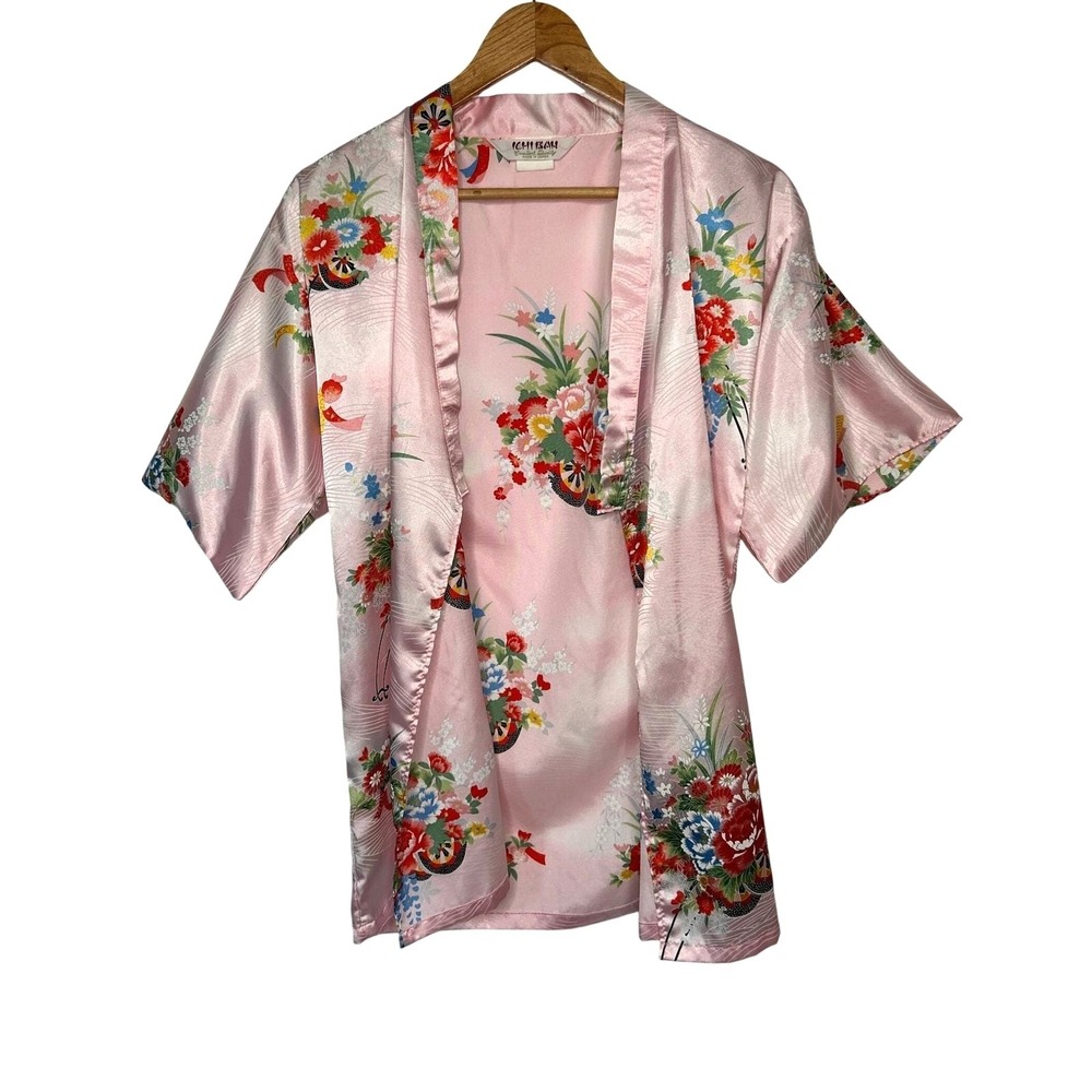 Vintage Pink Satin Floral Kimono Robe Made in Japan Coquette XS S